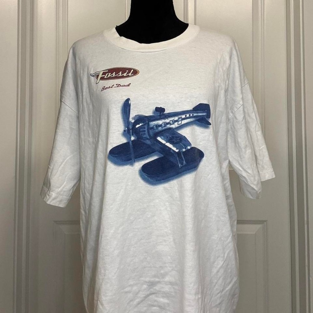 Vintage Fossil Best Dad Airplane Graphic T Shirt White XLarge